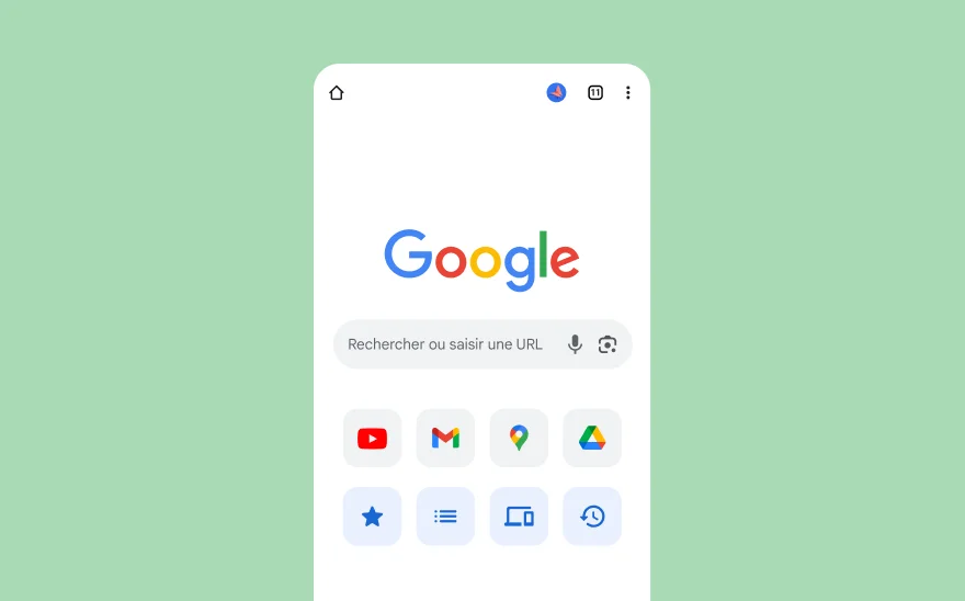 Capture d'écran de la page de recherche Google, avec les icônes de YouTube, Gmail, Google Maps et d'autres produits Google.